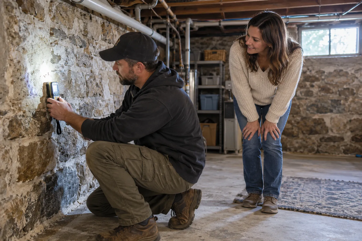 Mold inspector using a thermal camera on a wall